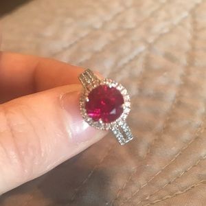 Genuine diamond, lab created ruby, and silver ring